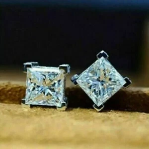 2Ct Princess Cut Lab Created Diamond Women's Stud Earrings 14K White Gold Plated - Picture 1 of 9