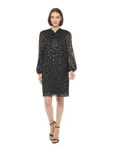 DKNY Womens Black Lined Tie Pullover Long Sleeve Split Shift Dress 2 - Picture 1 of 11