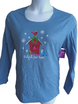 NWT JUST MY SIZE 1X   L/S COTTON GLITZY BIRDHOUSE  GRAPHIC TEE TOP BLUE   - Image 1 of 2