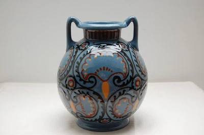 Karlsruher Majolika ALFRED KUSCHE Vase mit Henkeln Schlickermalerei ~1920 - Bild 1 von 4