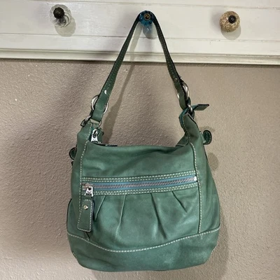 VTG Fossil Hobo Bag Green Leather Zip Purse Shoulder Key Charm Floral Interior - Image 1 of 4