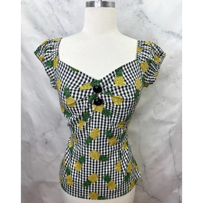 Collectif Pinup Blouse Top sz S 6 Gingham Pineapple Sweetheart Retro 50s Vintage - Image 1 of 4