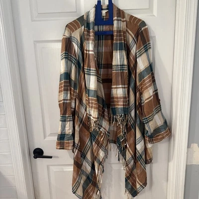 Cato Otoño Kimono a Cuadros Otoño Chaqueta Envoltura 26 - 28 Flecos Rollo Tap Manga Foto 1 de 4
