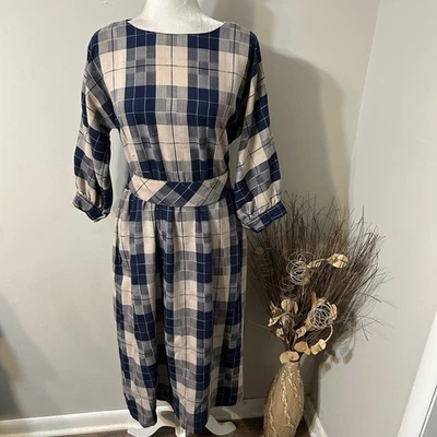 Винтажный Lanz оригиналы клетку бежевый синий Cottagecore миди платье назад кнопки размер 12 - Изображение 1 из 4
