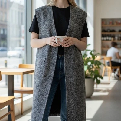 NWT Women ZARA Bouclé Long Vest Sweater Jacket Grey Waistcoat Large Bloggers Fav - Image 1 of 4