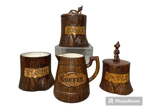 Treasure Craft 1958 Pixie Elf Tree Stump Flour, Sugar, Coffee Set Missing 1 Lid - Picture 1 of 12