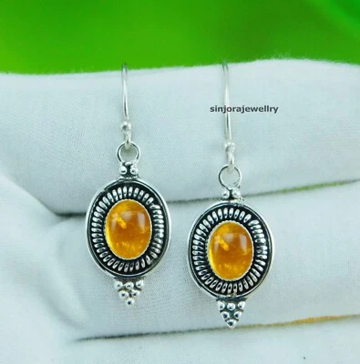 Amber Gemstone 925 sterling silver handmade Dangle/Drop Earrings 1.25" - Image 1 of 4