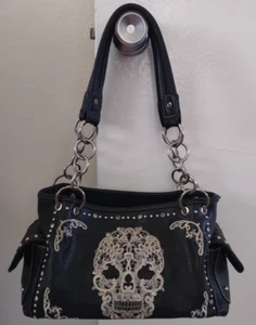 Conceal Carry Purse Sugar Skull Faux Leather Black Rhinestone Montana West - Picture 1 of 20