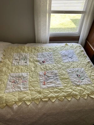 "Colcha de Plaza Sésamo bordada hecha a mano ropa de cama grande para pájaros grandes 56""x45"" 1982" Foto 1 de 4