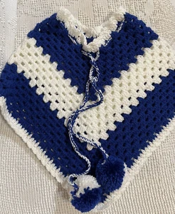 Child Girl's Crocheted Poncho Pullover Handmade Blue and White 17" H x 24" W - Picture 1 of 7