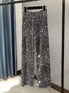 Fashion Women's Sparkling Sequined Trousers High Waist Wide-legged Pants New