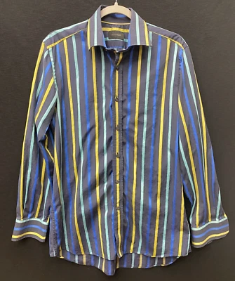 Duchamp London Men's Cotton Shirt, BLUE, YELLOW, TEAL STRIPED SIZE 15 3/4  B17 - Image 1 of 4