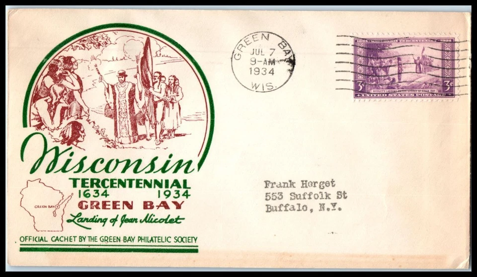 1934 Wisconsin statehood 300 yrs 3c Sc 739-22c FDC with 1st Green Bay (E02 - Image 1 of 1