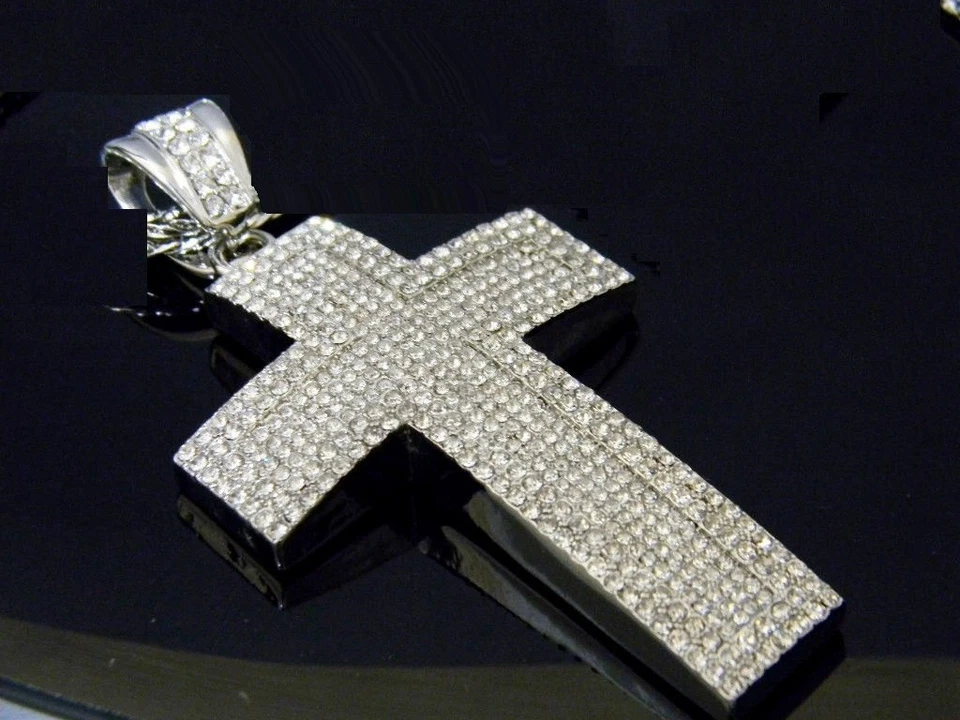 Collar Colgante Plata Franco Cadena Cruz Jesús Pieza Cristal Hip Hop    Foto 1 de 1