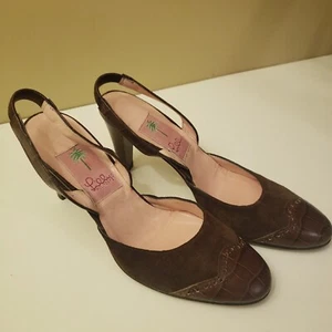 Lilly Pulitzer Shoes Women 6 Brown Heels Sling Back Leather Suede Croc Italy - Picture 1 of 16
