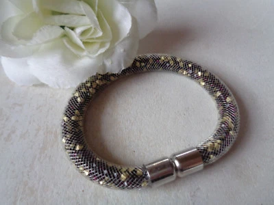 Armband Netzschlauch weiß Nylon Stardust Mesh amethyst/bronze strass  Magnet - Bild 1 von 2