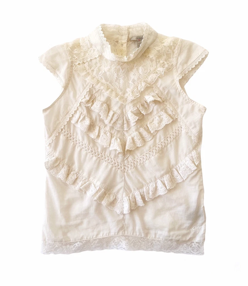 Vintage Guess Jeans Ruffled Lace Trim Ivory Blouse Top Girl’s Sz M (10-12) - Image 1 of 4