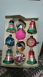 VINTAGE GLASS CHRISTMAS ORNAMENTS SET OF 10 DIFFERENT SIZES AND SHAPES # 1 - Picture 1 of 2