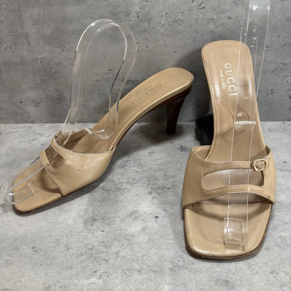 Gucci Authentic Vtg Beige Leather Open Toe Double Strap Mules Sandal Heel 6.5B - Image 1 of 4