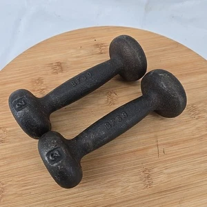 2 Vintage 2 Lb BFCO Cast Iron Dumbbell Bun Head Weights Dumbbells. - Picture 1 of 7
