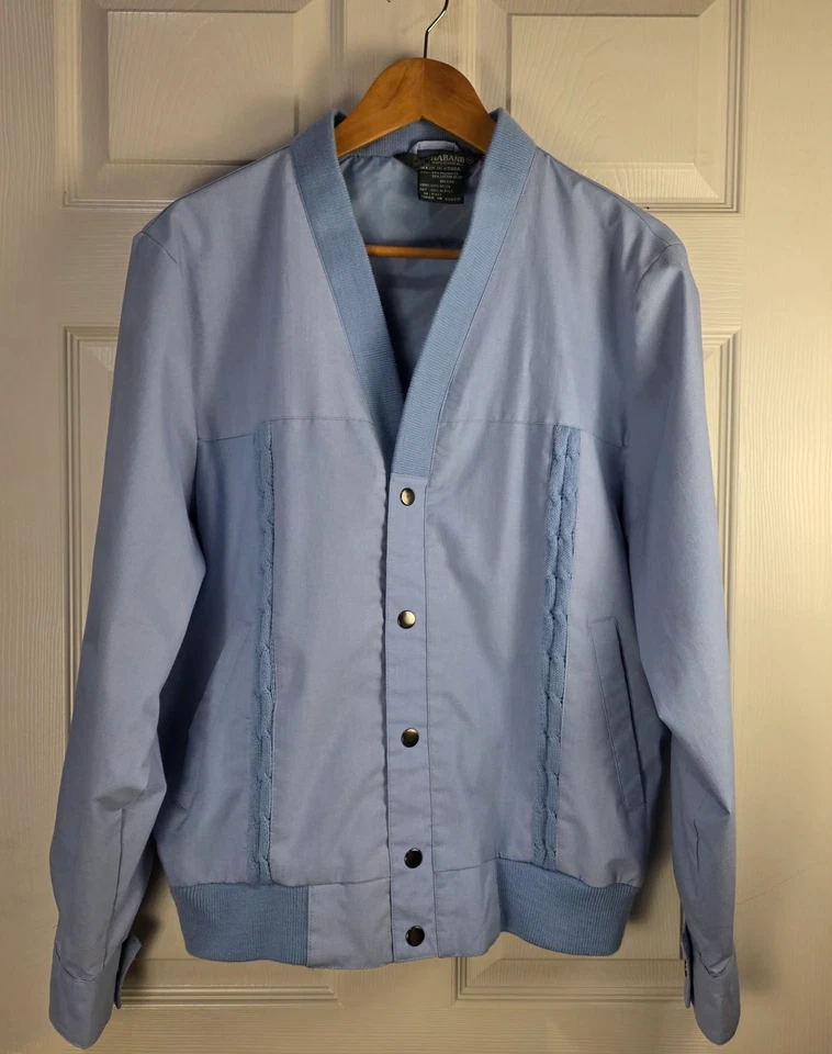 Jaqueta masculina vintage Haband azul claro média abotoada malha cabo acento casaco bombardeiro - Imagem 1 de 4