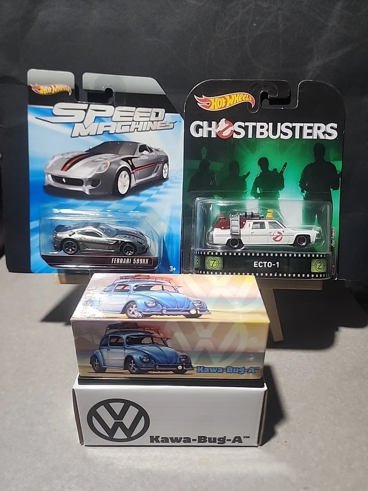 Hot Wheels Lot Of 3  Ferrari 599xx Zamac ,Ghostbusters, Rlc Kawa- Bug-A  - Image 1 of 4