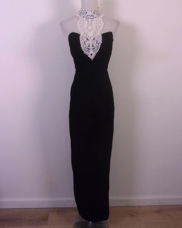 Vestido Gargantilla Vintage Años 80 Steppin' Out Negro Terciopelo y Encaje Baile de graduación Formal Talla 7 Foto 1 de 4