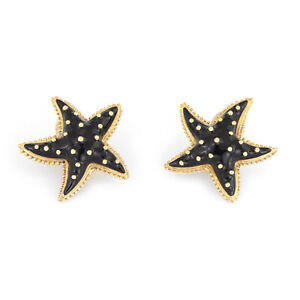 Hidalgo Starfish Earrings Black Enamel 18k Yellow Gold Large Estate Jewelry