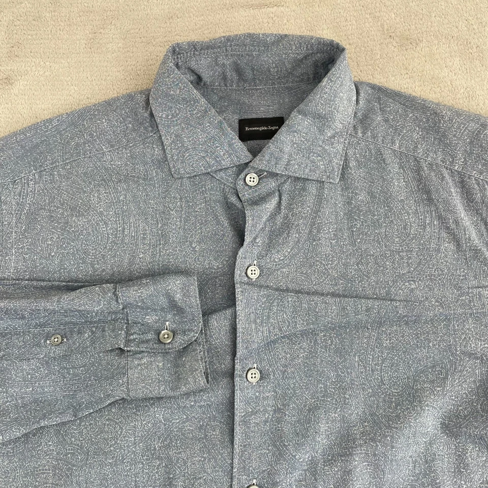 Camisa Ermenegildo Zegna Hombres Grande Azul Paisley AOP Manga Larga Diseñador $249 Foto 1 de 4