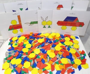 Plastic Geometric Pattern Blocks Lot• 517 Pcs! 3lbs! w/ Laminated Pictures! - Picture 1 of 9