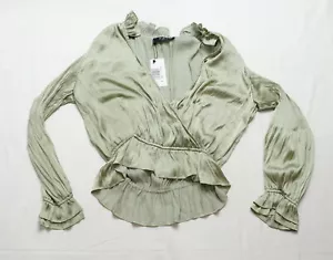 o.p.t Womens Ruffle-Trim Shirred-Sleeve V-Neck Blouse LC7 Sweet Green Medium NWT - Picture 1 of 3
