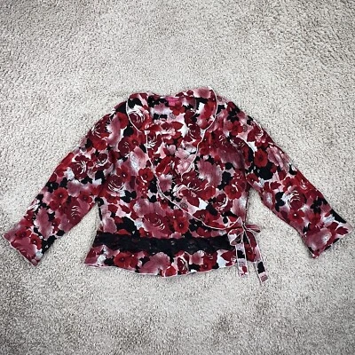 Blusa Top SUNNY LEIGH Roja Negra Floral Plisada Ligera Envolvente Para Mujer 1X Encaje Foto 1 de 4