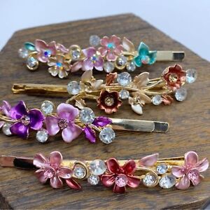 Sparkling rhinestone and colorful enamel flower Bobby pins set of 4