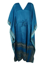 Boho Womens Kaftan Teal Blue Print Silk Maxi Cruise Beach Coverup Dress L-2XL