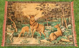 Antique ' Country Home Deer Velvet Tapestry  ' Vintage Wall Hanging & Rug VGC - Picture 1 of 23