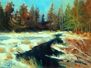 TOM FISHER Pintura al óleo Impresionismo arroyo de nieve río invierno paisaje - Imagen 1 de 4