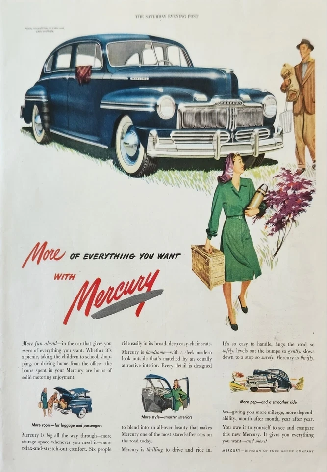 1947 Mercury Ford Motor Company Vintage Anúncio Mais Diversão À frente Carro Azul - Imagem 1 de 1