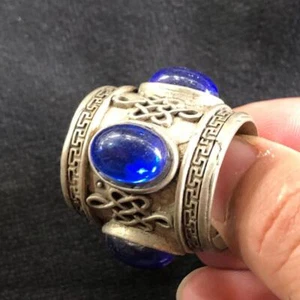 Blue Red Green Jade Ring with Tibetan Silver Inlaid Men's Large Blue Jade Ring - Picture 1 of 4