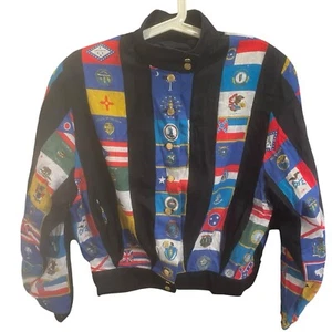Vintage Louis Feraud Cropped Multicolor US State Flags Jacket Size 6 US - Picture 1 of 17