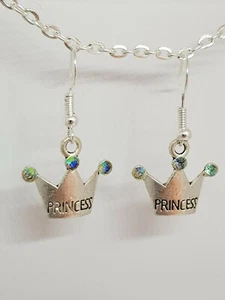 Handmade Silver Princess Crown Diamante Gem Earrings - Picture 1 of 6