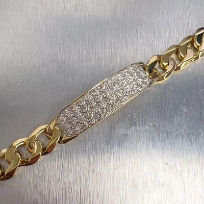Brazalete de eslabones cubanos Maimi barra de identificación de diamantes de oro amarillo de 14 k 1,5 ctw G VS2 8,5" 57,1 g Foto 1 de 4