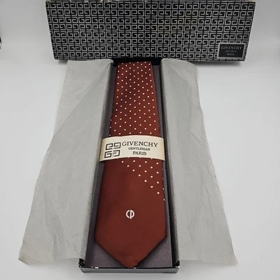 Corbata vintage Givenchy Gentleman Paris marrón con pequeño patrón de cuadrados blancos nueva en caja Foto 1 de 4