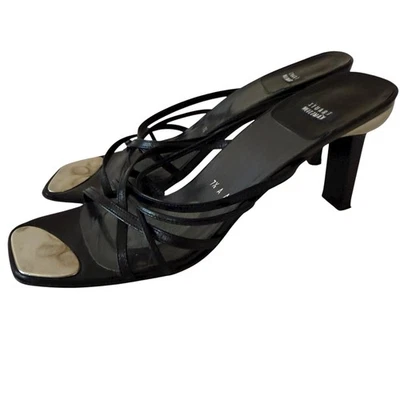 Sandalias de tacón Stuart Weitzman negras con tiras punta cuadrada Y2k vintage 7,5 estrechas Foto 1 de 4