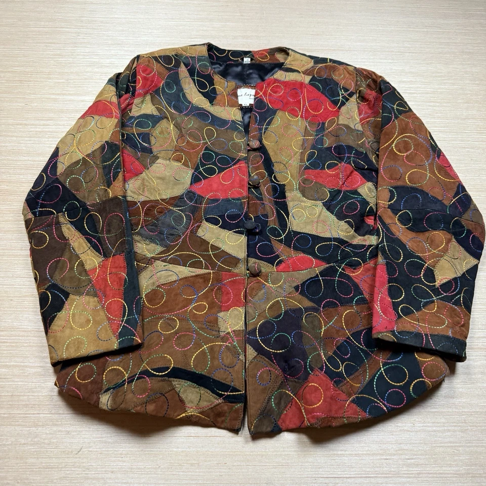 Chaqueta De Colección Patchwork Cuero Años 90 Para Mujer’s XL Abstracto Hippie Rojo Negro Marrón Foto 1 de 4