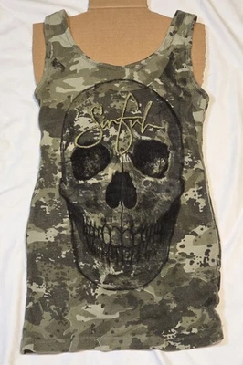 Camiseta sin mangas Y2K SINFUL By Affliction camuflada con calavera para mujer pequeña con fuente dorada SUPER RARA Foto 1 de 4