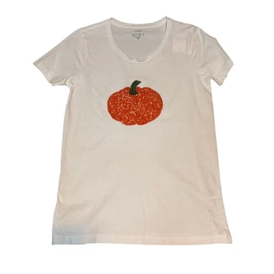 NUEVO CON ETIQUETAS J.Crew Factory XS Camiseta Gráfica Lentejuelas Calabaza Blanco Otoño Algodón Foto 1 de 4