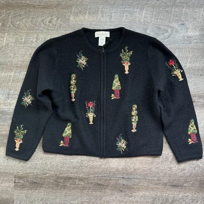 Suéter de Navidad vintage Susan Bristol para mujer bordado de lana cremallera completa talla PL Foto 1 de 4