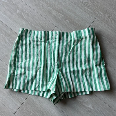 J Crew 3in Harbor Short In Striped Linen Womens Large Green White Missing Button - Image 1 of 4
