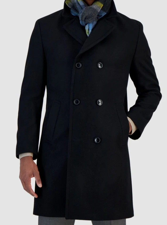 Nautica Men's Black Classic Double-Breast Wool Overcoat Jacket Size 40R