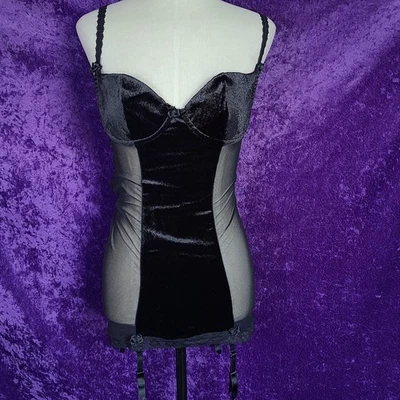 Fredericks Of Hollywood Black Velvet Mesh Chemise Gothic Dress Whimsigoth Velour - Image 1 of 4